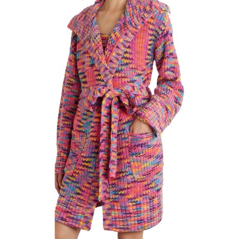 Staud Marigold Belted Cardigan Sweater in Sunset Duster Chunky Knit Rainbow